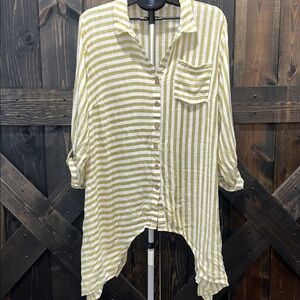 Cato Linen Blend Striped Tunic Top 22 24W Button Front‎ Long Lagenlook Neutral